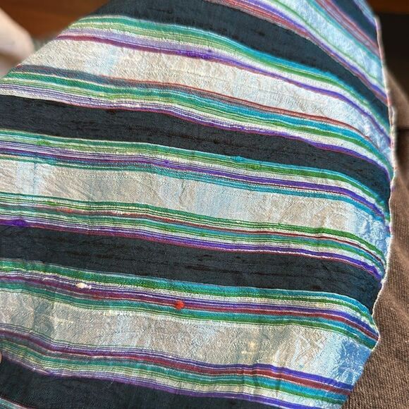 Striped light blue, purple, green, red & navy blue striped shantung silk scarf - Picture 7 of 7